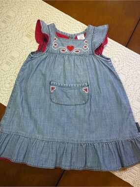 Girls’ Denim Dress with Red Heart Embroidery